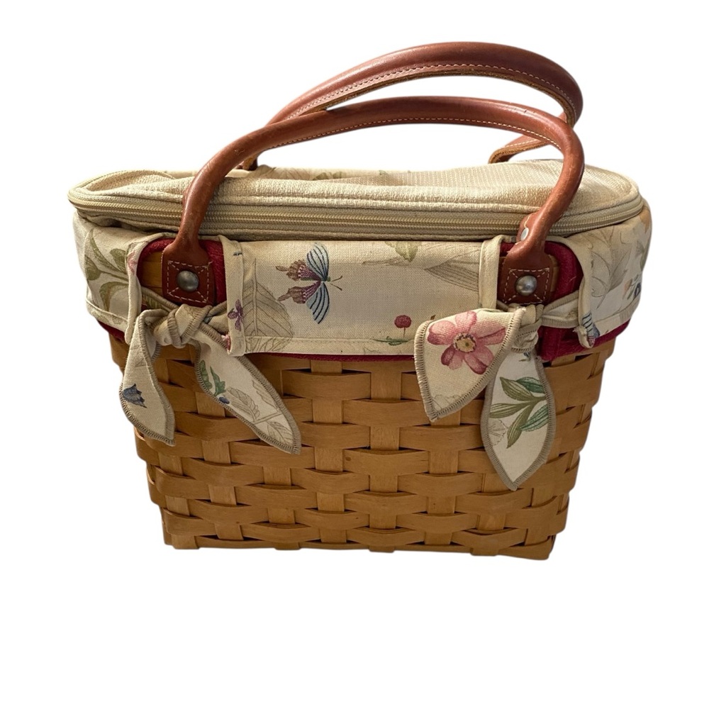 Longaberger Woven Basket Satchel with Floral Cream Top